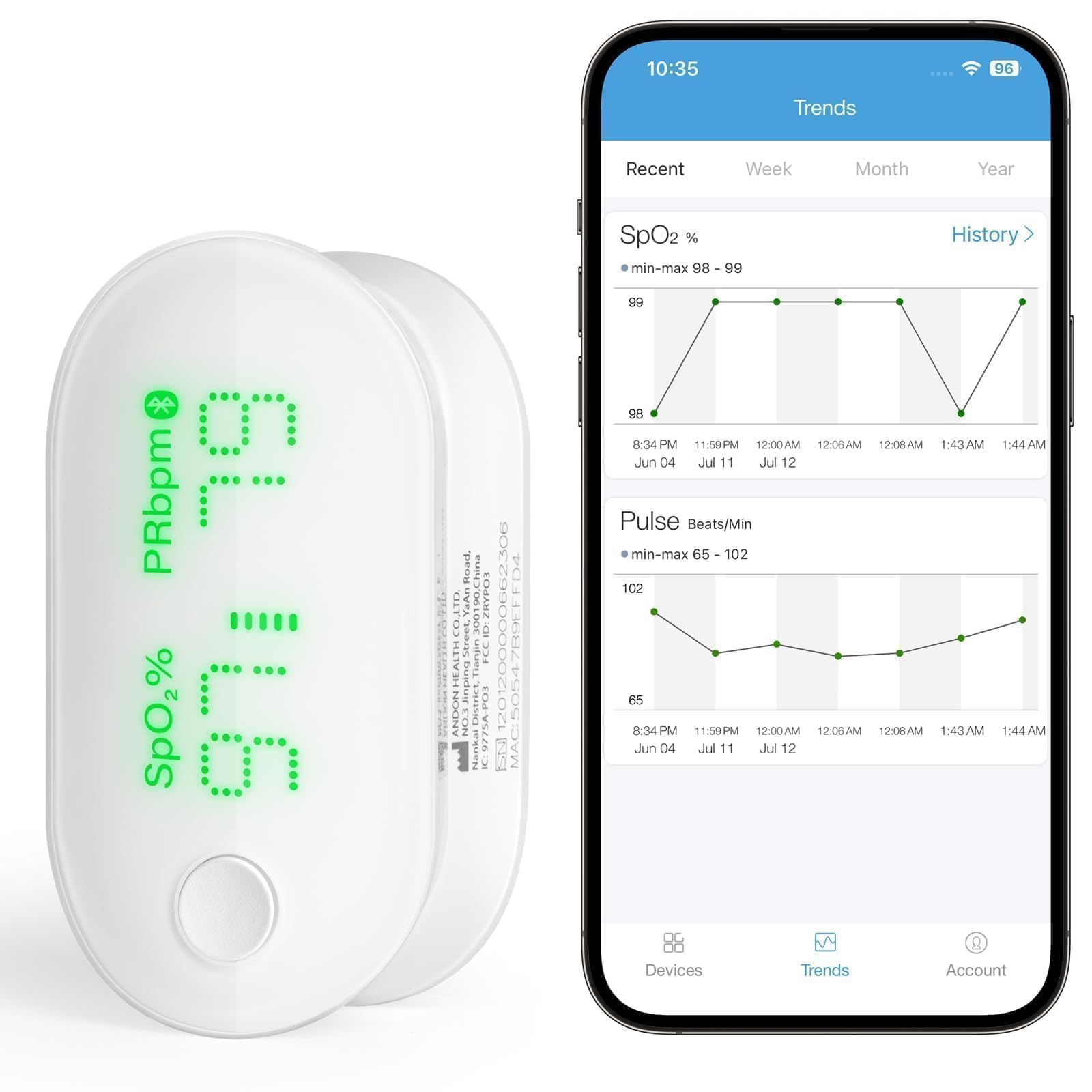 iHealth rechargeable bluetooth fingertip pulse oximeter with LED display