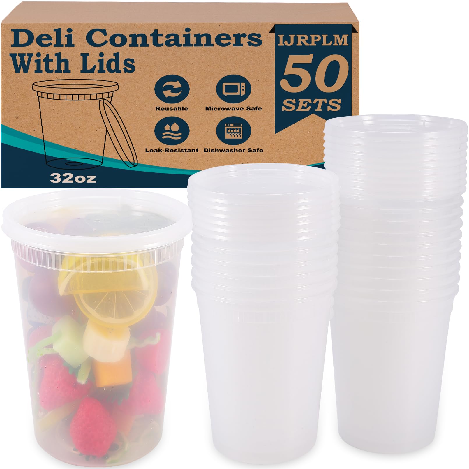 IJRPLM 50 pack deli containers with lids 32oz stacked for storage