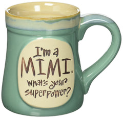 Im A Mimi Whats Your Superpower mug 18 oz porcelain hand-painted mint green with taupe rim