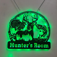 Deer turkey bass fishing metal wall art LED light 12 inch