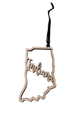Indiana state ornament in rustic wood with black ribbon