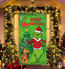 Fabric Christmas decor banner hanging on exterior wall