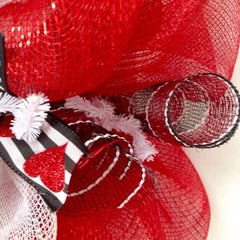 Indoor Outdoor valentines wreath with red heart deco mesh