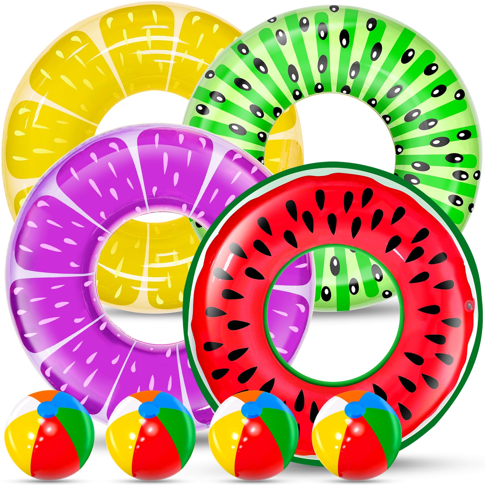 8 pack inflatable pool floats set with fruit shapes and rainbow balls