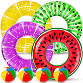 8 pack inflatable pool floats set with fruit shapes and rainbow balls