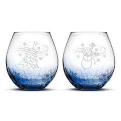Integrity Bottles Crackle Stemless Wine Glasses 18oz blue set of 2 sand-carved