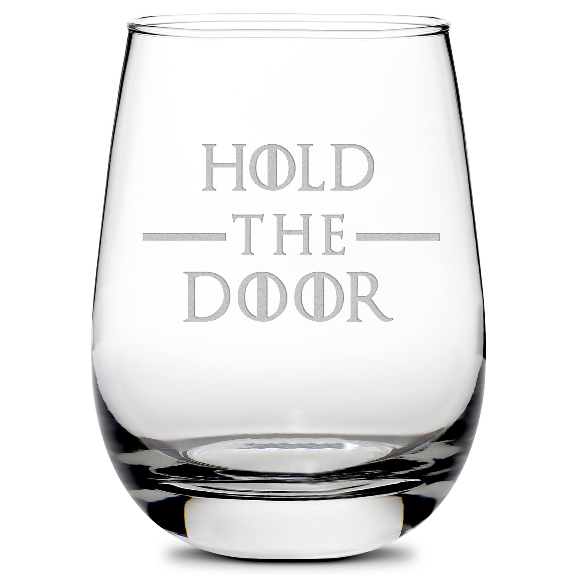 Integrity Bottles GOT Hold The Door stemless wine glass 16oz with deep etch design