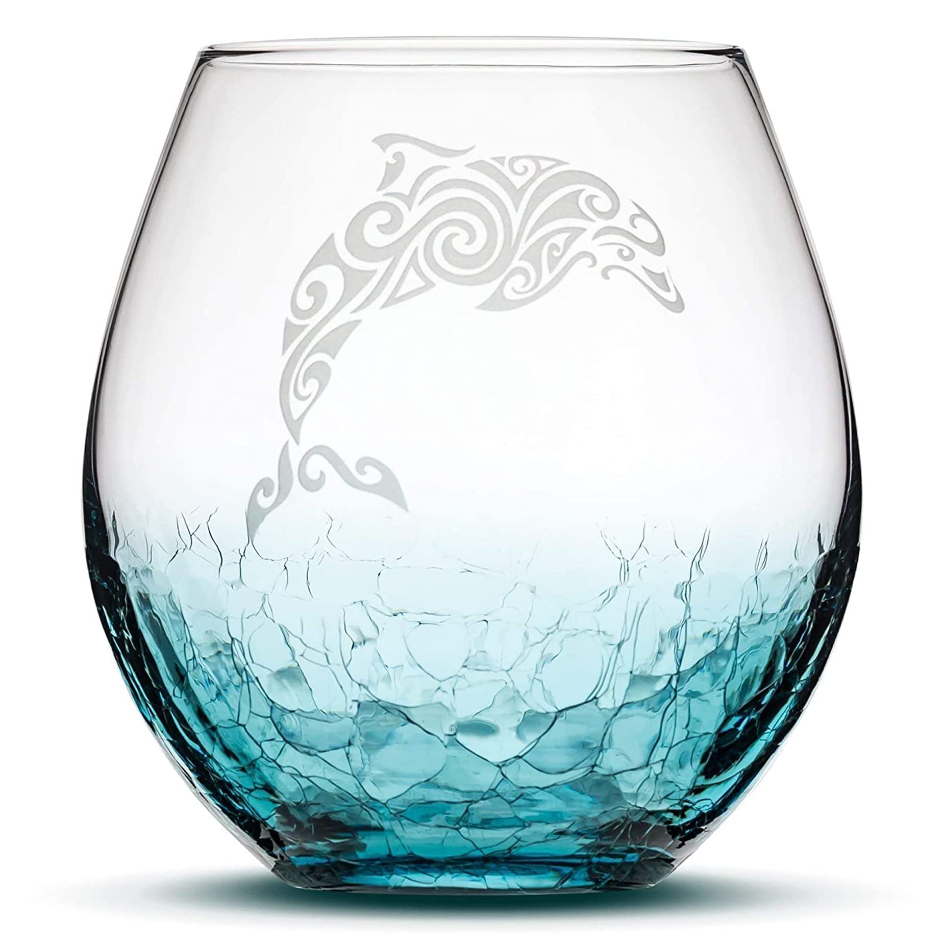 Integrity Bottles Tribal Dolphin Stemless Wine Glass Crackle Teal 18oz