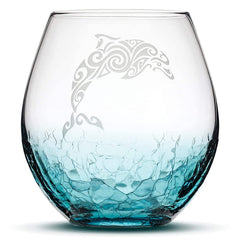 Integrity Bottles Tribal Dolphin Stemless Wine Glass Crackle Teal 18oz