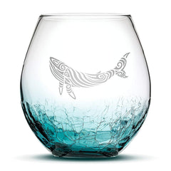 Integrity Bottles Tribal Whale Design Stemless Wine Glass 18oz handblown sand carved