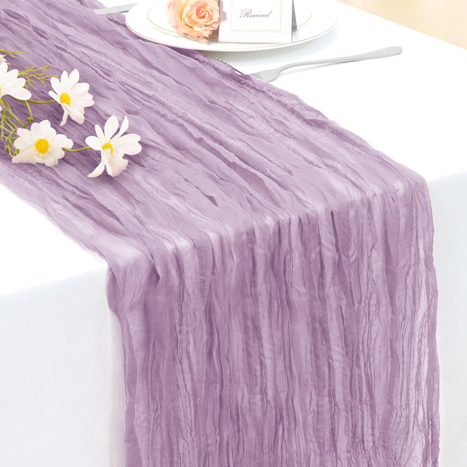 INVGEEXI lilac cheesecloth table runner 35x120 on dining table