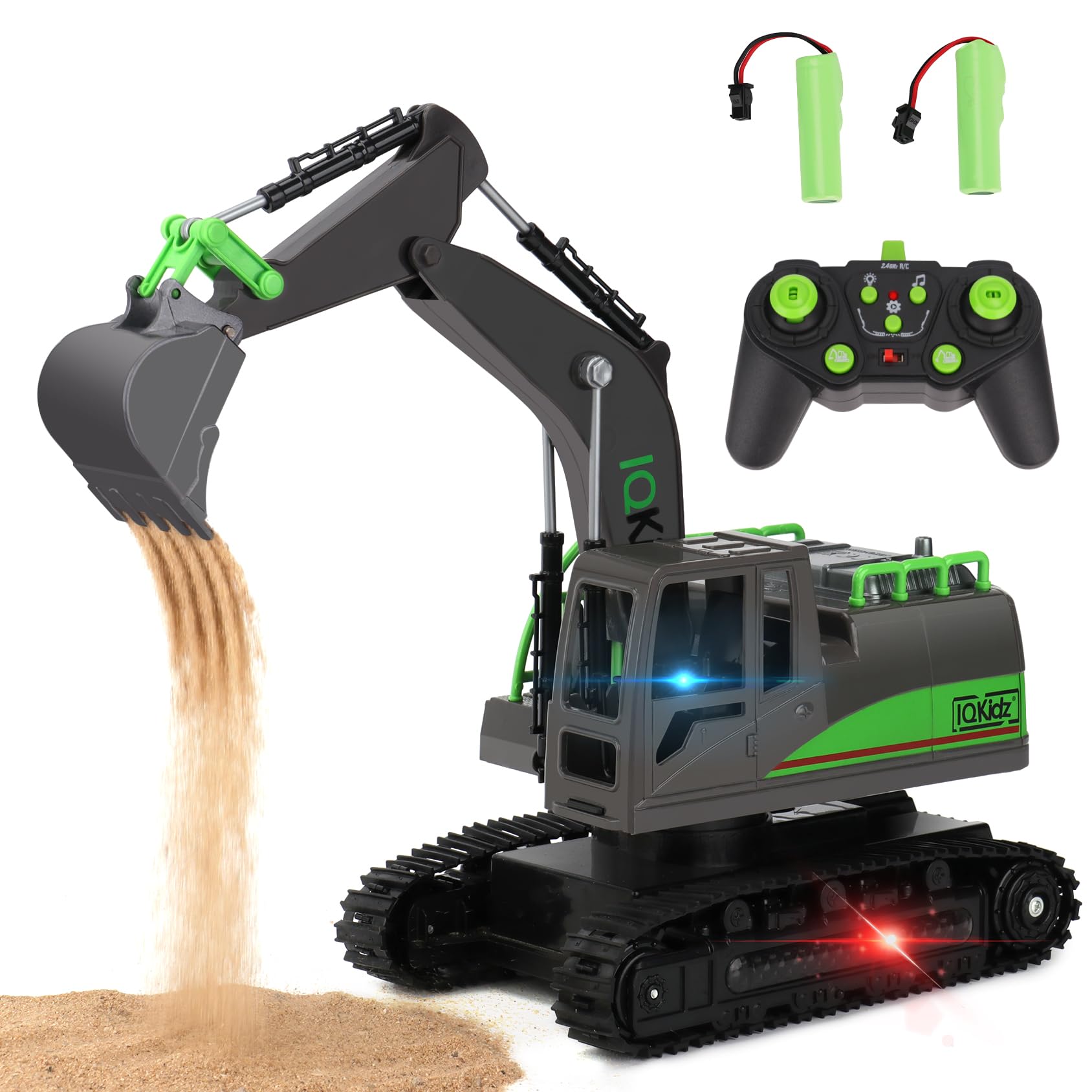 IQKidz remote control excavator toy with rubber tracks and metal shovel
