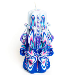Iris carved candle blue white 6 inch
