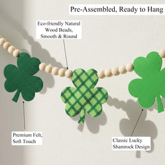 Beaded garland draped on mantel showing shamrocks and beads