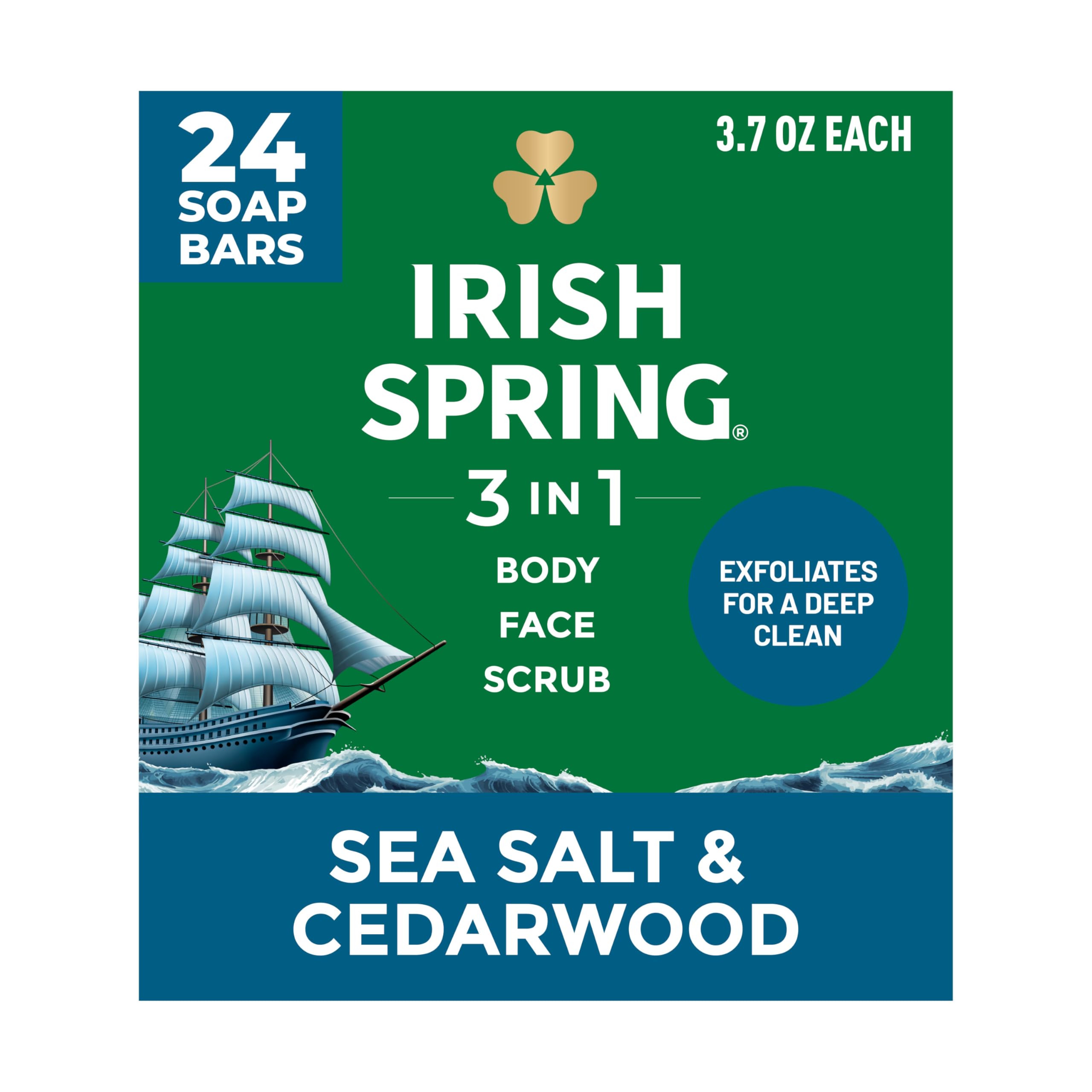 Irish Spring 3-in-1 Bar Soap Sea Salt Cedarwood 3.7 oz 24 Pack