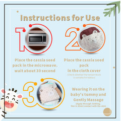 Microwaveable cassia seed pack and adjustable belt for infants