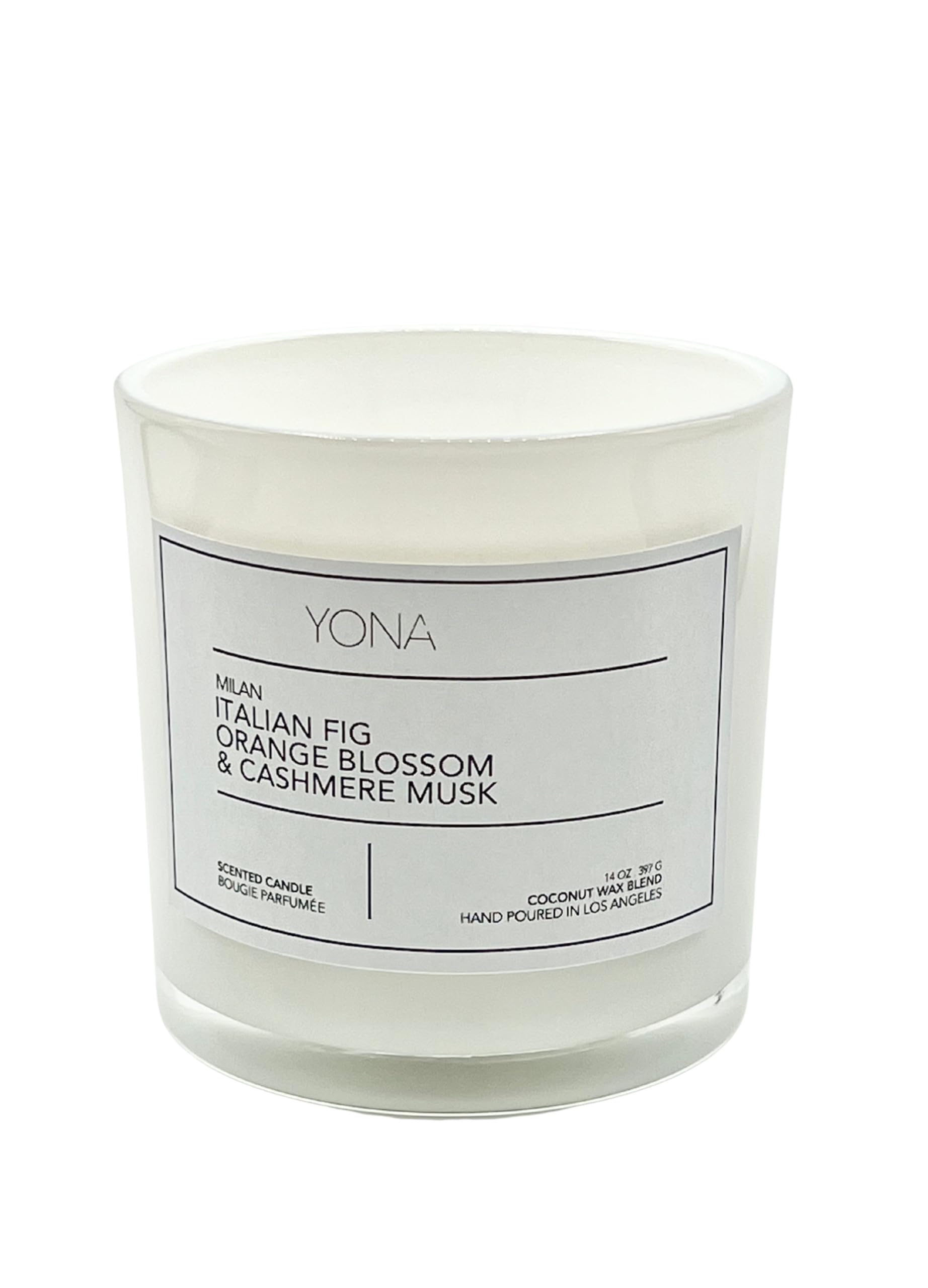 Italian fig orange blossom cashmere musk candle by Yona Milan 14oz coconut wax blend