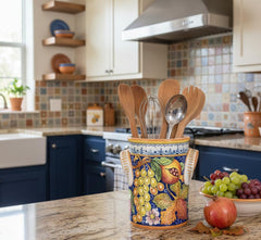 Italian pottery utensil holder with grape motif