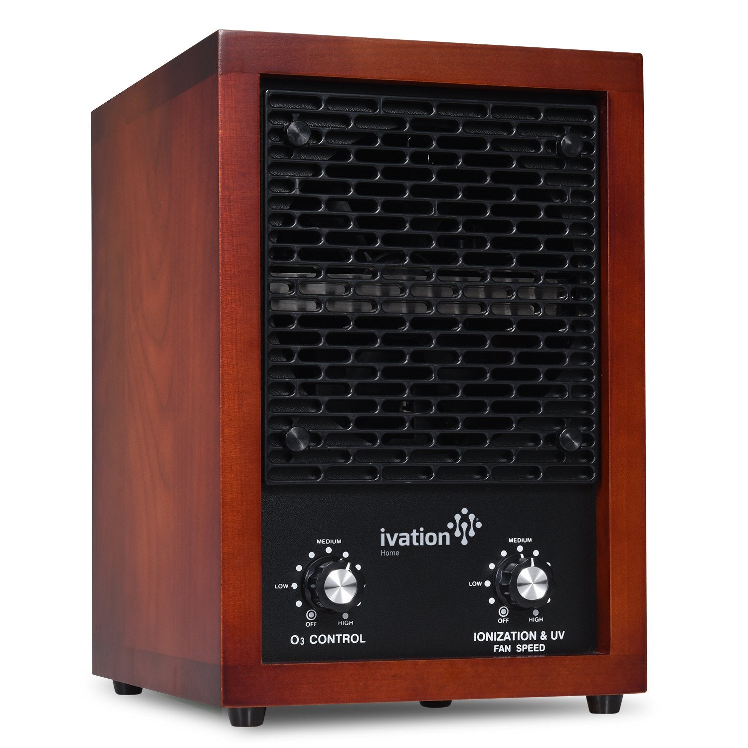 Ivation IVAOZAP04 air purifier front view with cherry wood exterior