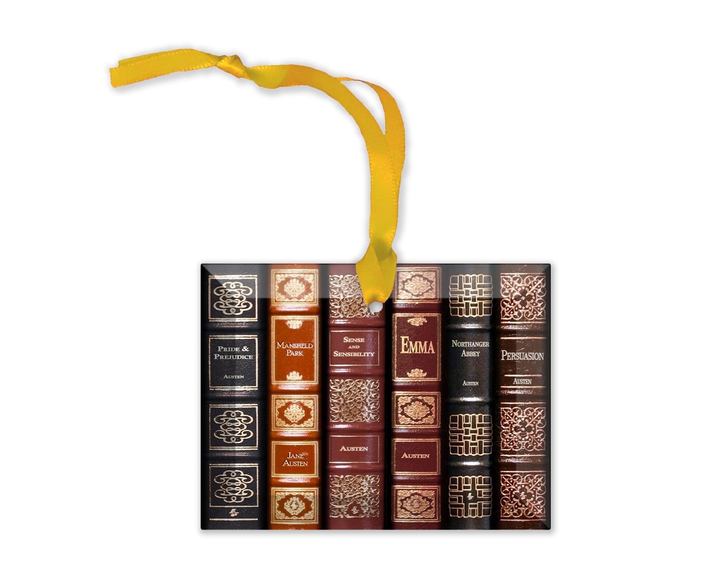 Jane Austen Novels Glass Christmas Ornament front view showing dimensions 3 3/4 in wide by 2 3/4 in high
