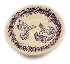 JANECKA purple hummingbird pottery bowl front view