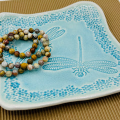 Dragonfly motif tray by JANECKA 7.50 inch square free form pottery