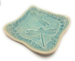 JANECKA turquoise dragonfly tray 7.50 inches square handmade in USA