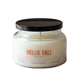 Jarful House Hello Fall 10 oz soy candle in glass jar with black lid