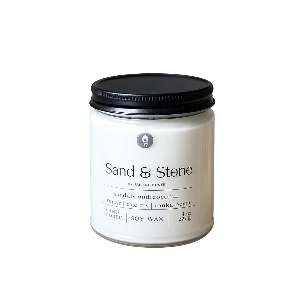 Jarful House Sand and Stone Soy Candle 8 oz in clear glass jar with lid