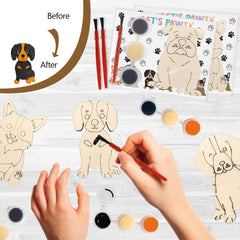 Dog themed wooden shapes with paints and brushes