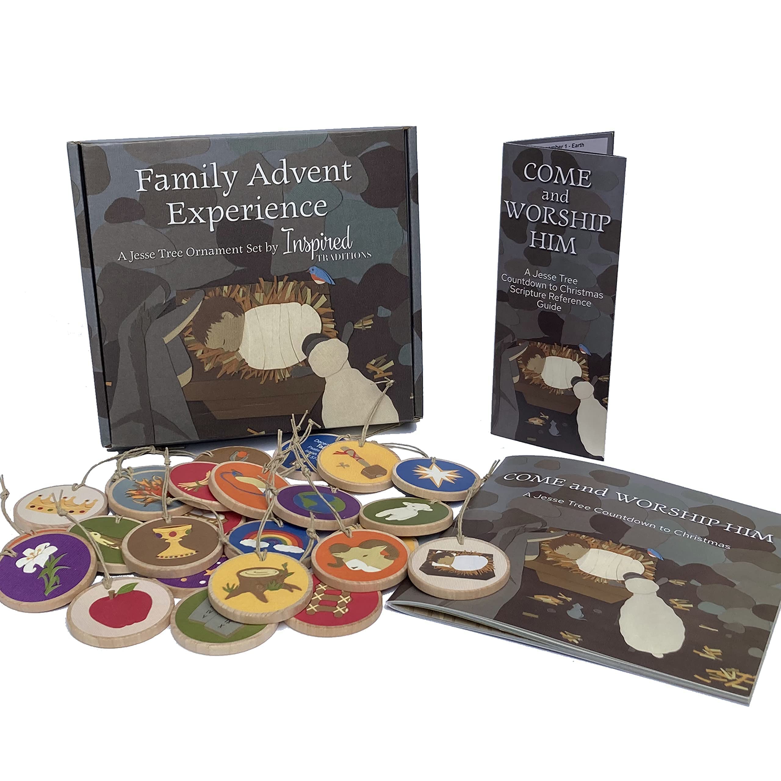Jesse Tree ornaments wooden discs front symbols back scripture