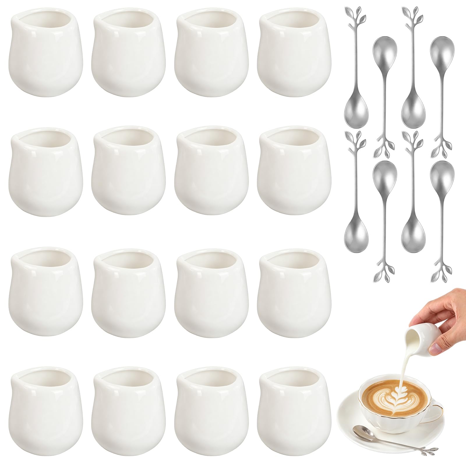 JIABEIUS 16 PCS mini cream pitcher with spoons 50ml ceramic creamer image
