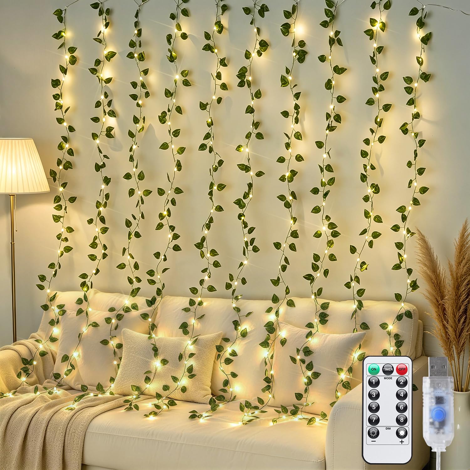 JMEXSUSS vines with lights pothos curtain lights 200 LEDs close up