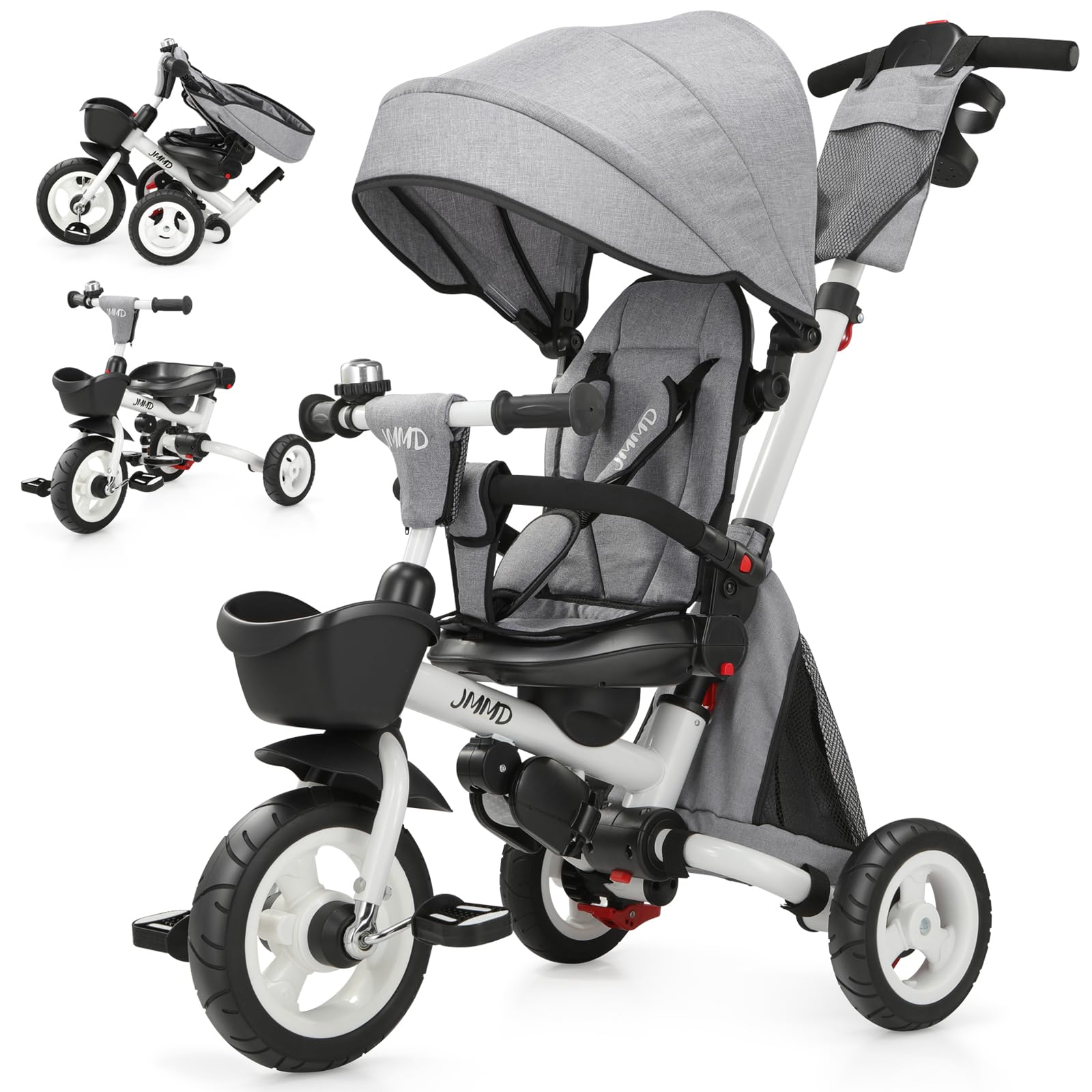 JMMD 8-in-1 foldable toddler tricycle with adjustable canopy and storage basket