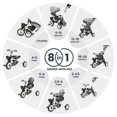 JMMD toddler tricycle ages 1-5 shown in stroller to trike configurations