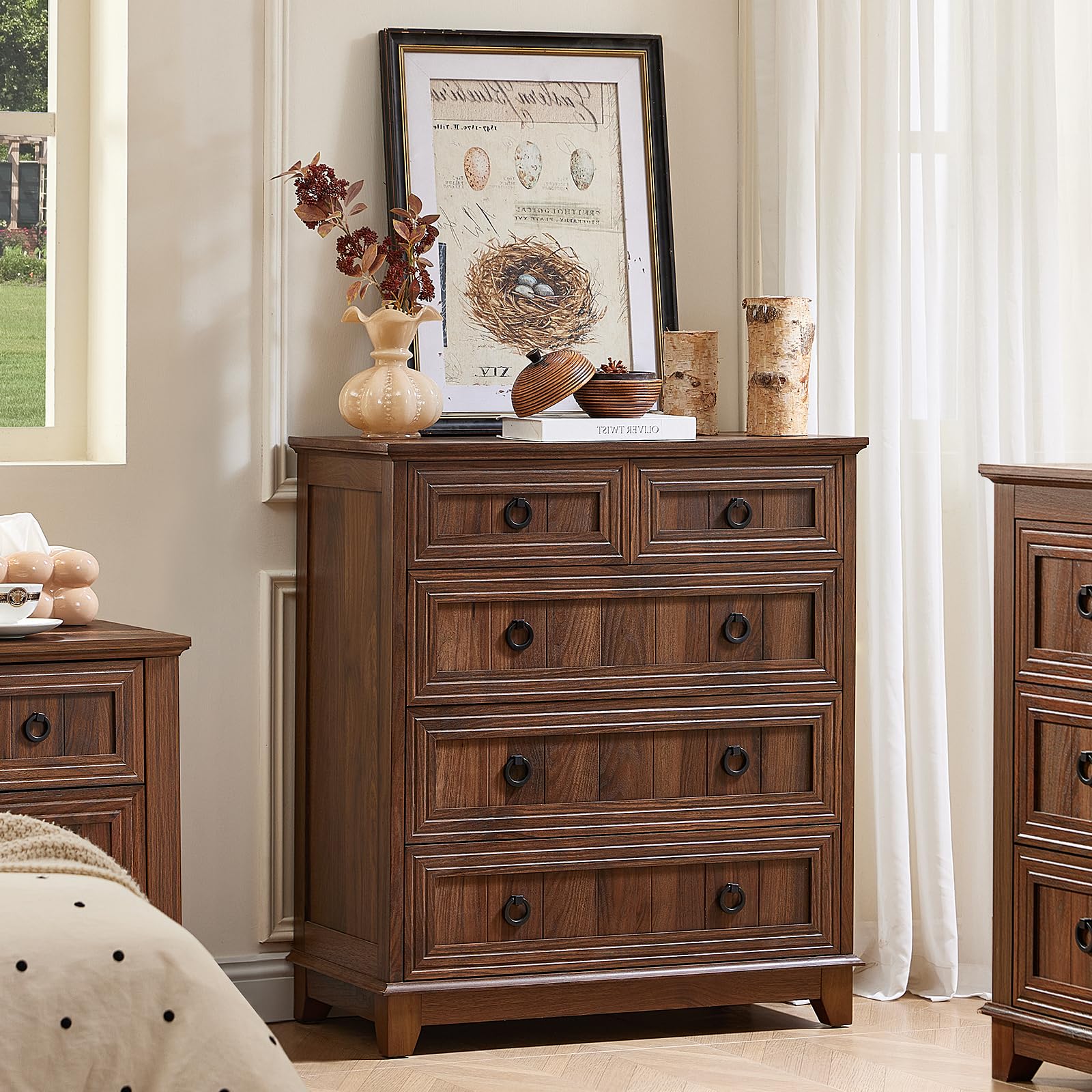Joaxswe farmhouse 5-drawer dresser in bedroom