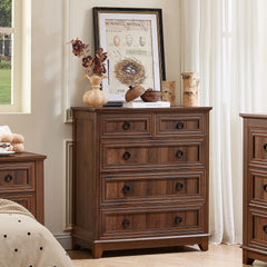 Joaxswe farmhouse 5-drawer dresser in bedroom