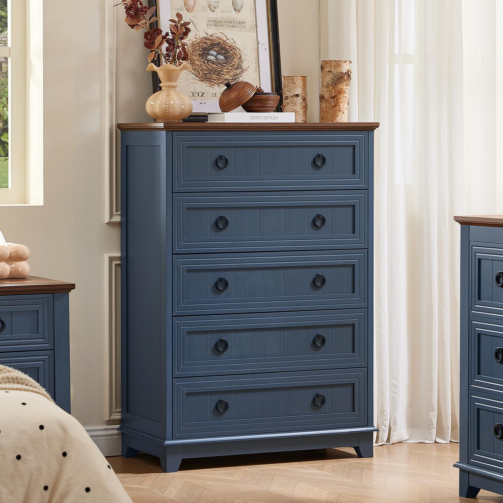 Joaxswe farmhouse chest of drawers storage in navy blue finish