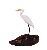 Egret sculpture on burlwood base by John Perry
