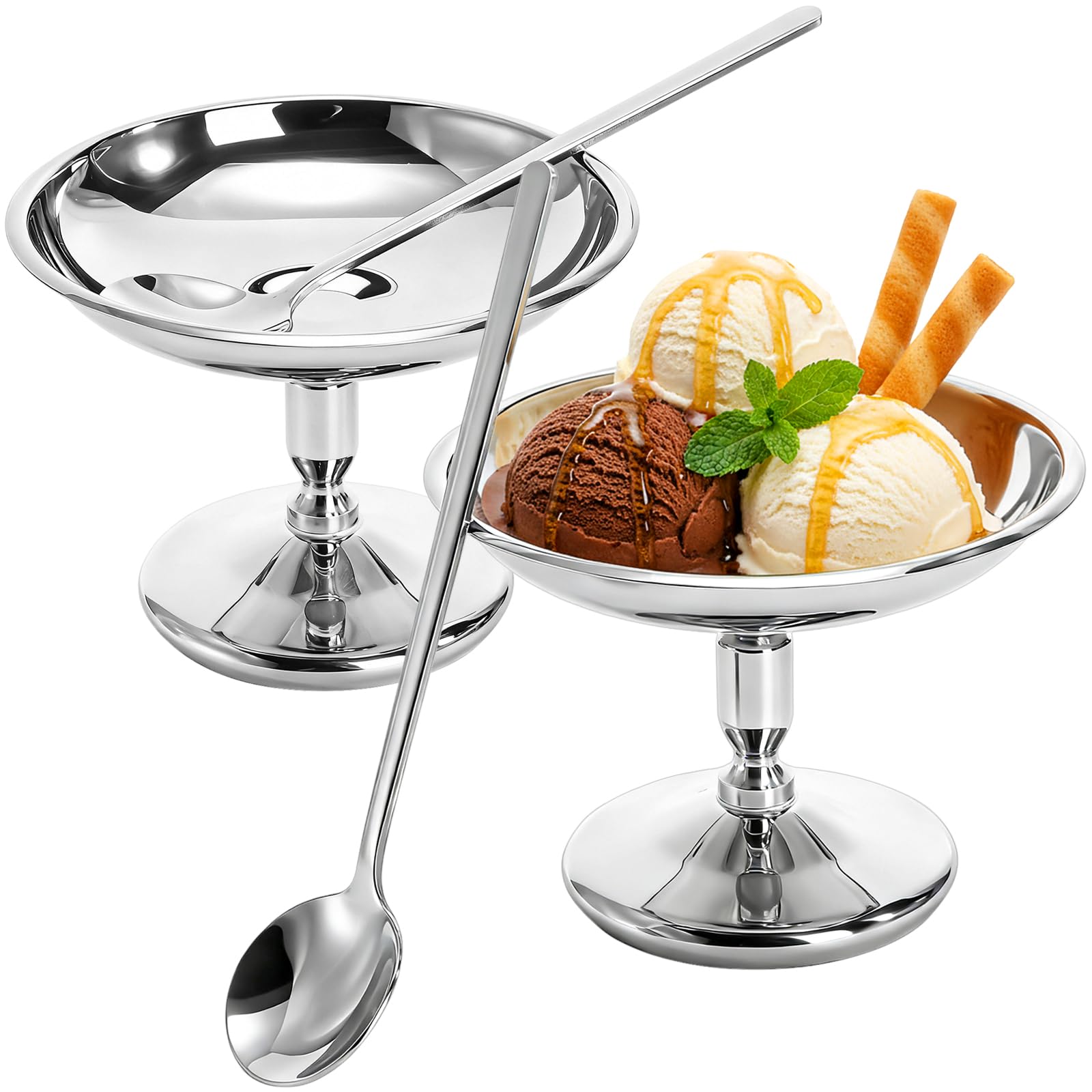 Jowgut 2 pack ice cream bowls with spoons in silver