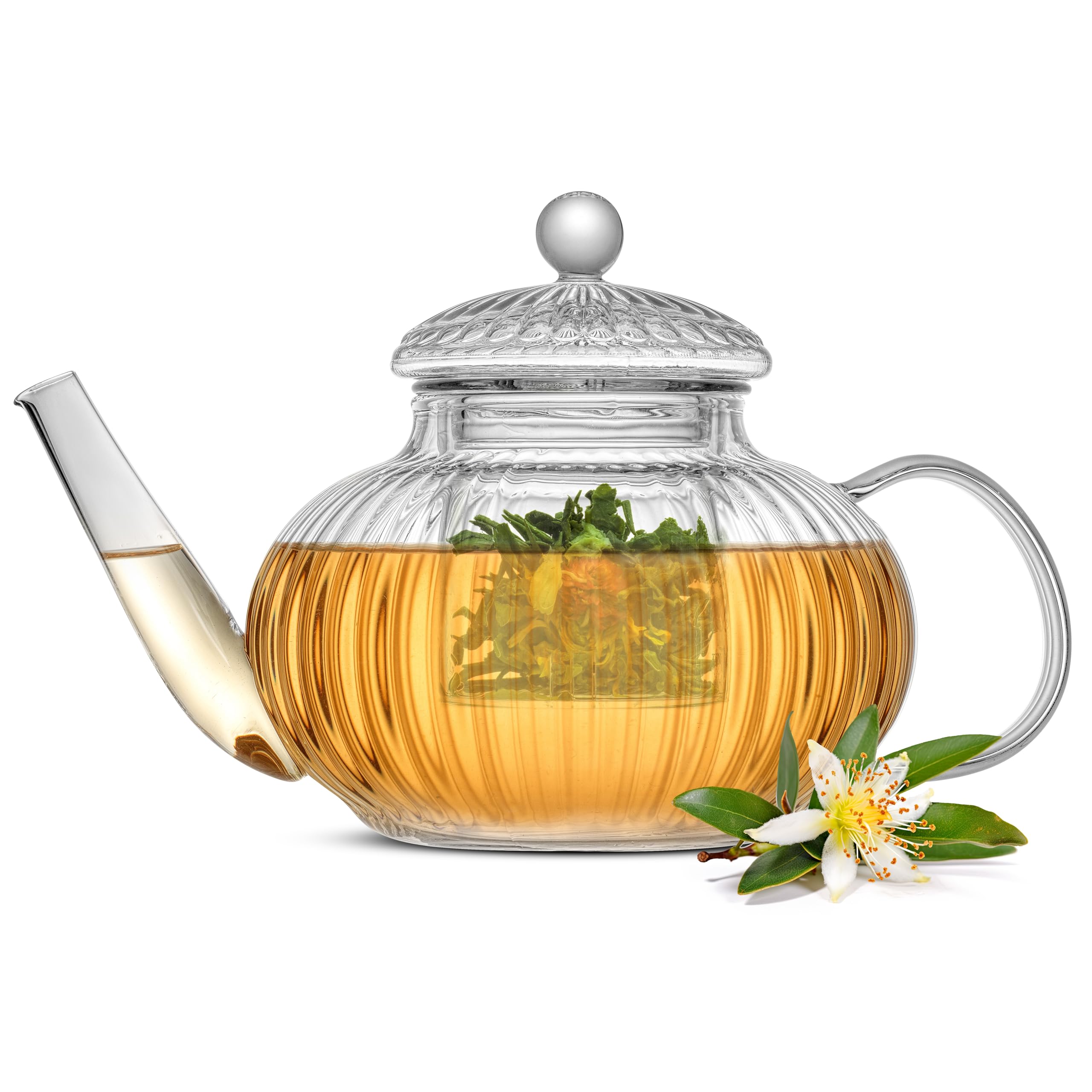 JoyJolt fluted glass teapot set 34oz on stove top