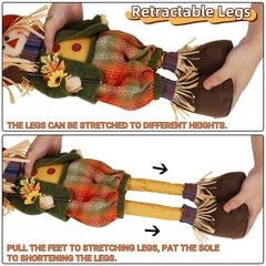 Stretchable legs on scarecrow figure adjustable from 20 to 28 inches