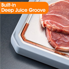 Dual-sided board features built-in juice groove