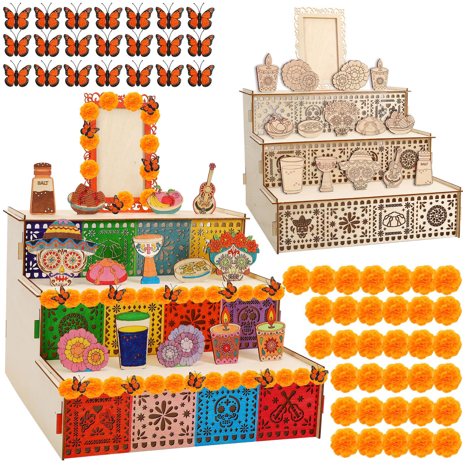 JULMELON Dia De Muertos Altar Kit wooden ofrenda altar with 20 marigold flowers and 20 monarch butterflies
