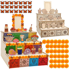 JULMELON Dia De Muertos Altar Kit wooden ofrenda altar with 20 marigold flowers and 20 monarch butterflies