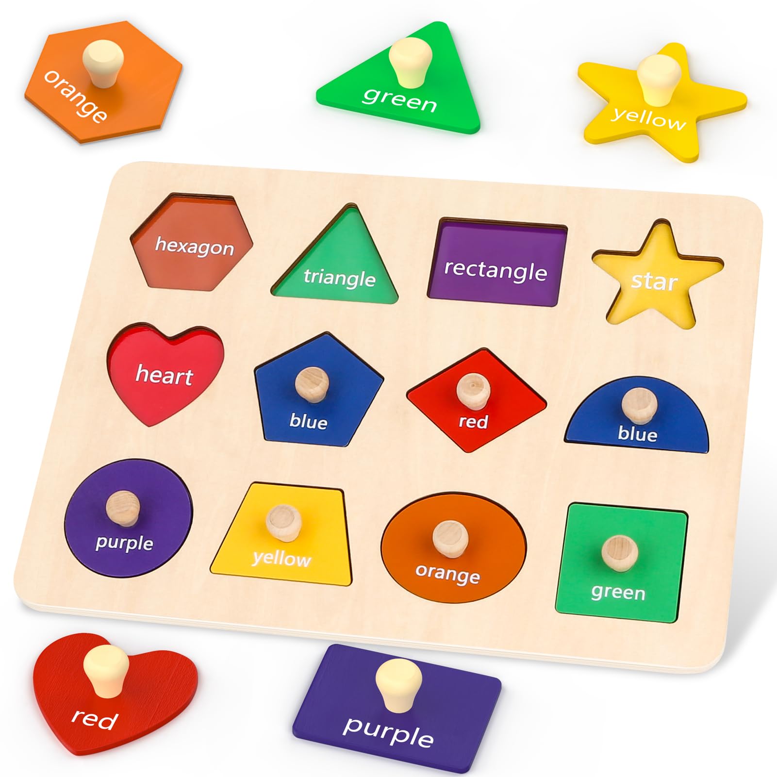 Jumlys Montessori Toys for Toddlers wooden shape puzzle set 12 shapes six colors