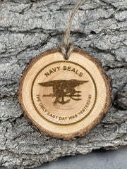 Handmade Colorado ornament with Navy Seal Logo and jute hanger