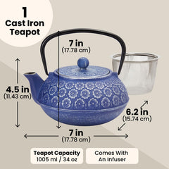 Blue cast iron teapot with removable lid