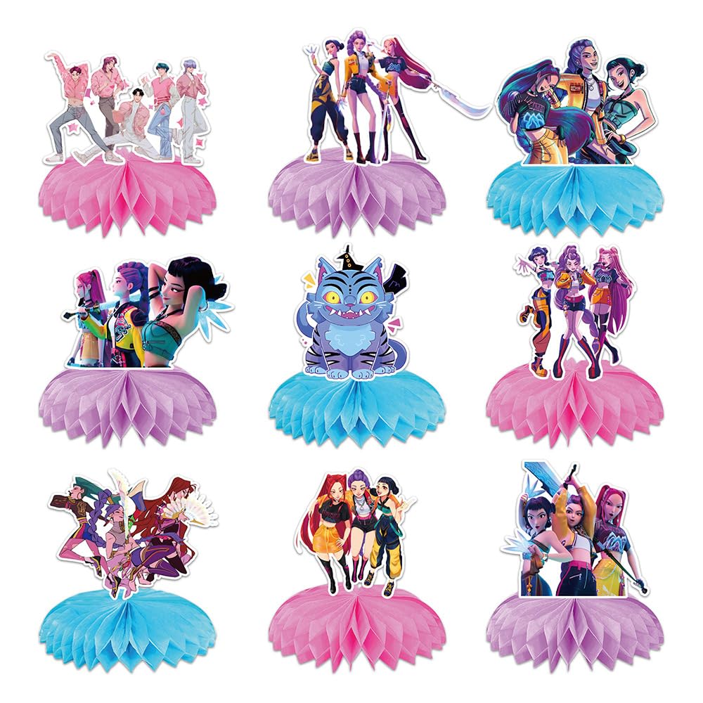 K Pop Demon Birthday Party Supplies 9Pcs Honeycomb Centerpieces set display