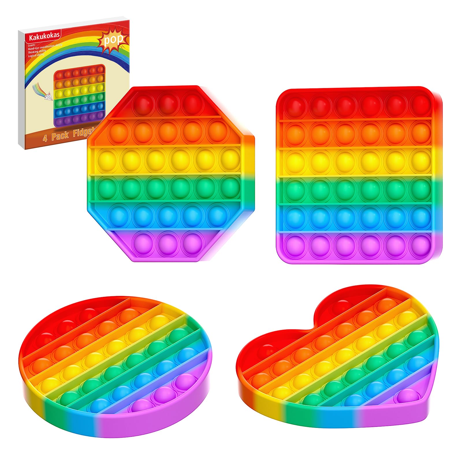 Kakukokas 4 pack pop fidget toys rainbow shapes for kids and adults